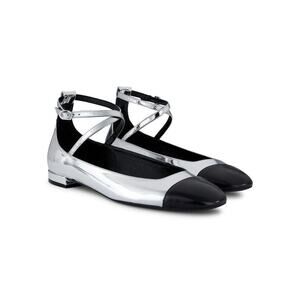 STUART WEITZMAN Silver & Black Cap Toe Leather Eden Cross-Strap Ballet Flats 7.5